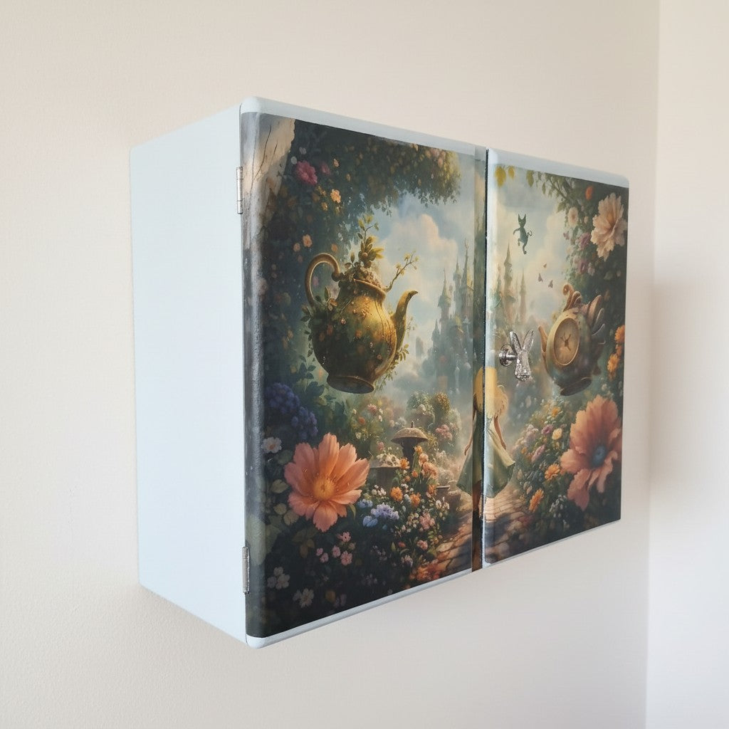 Vintage Hängeschrank mit Glaseinlegeboden – märchenhafter Wandschrank mit Karomuster – Bonnie