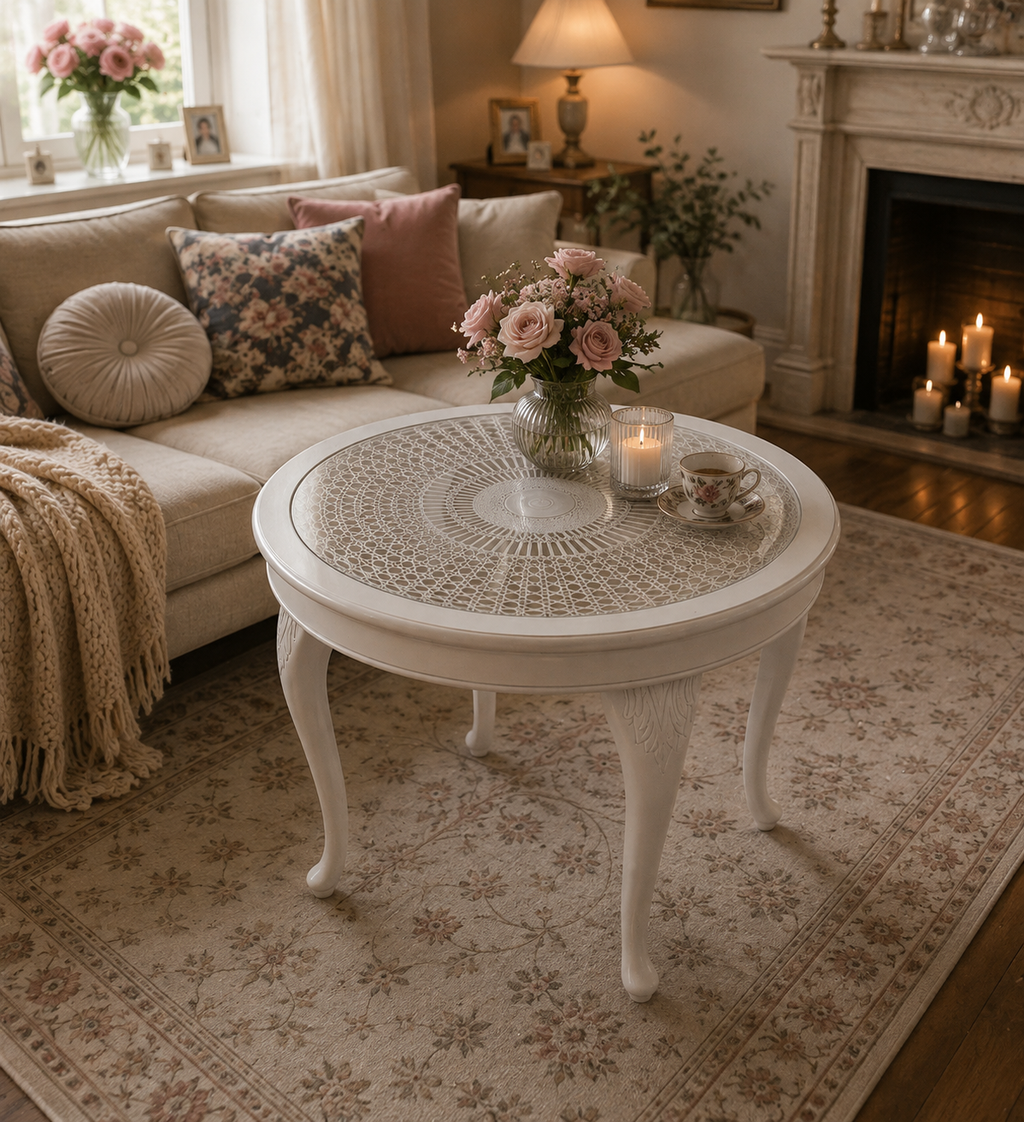 Runder Vintage Beistelltisch mit Glasplatte – Weiß – Claire