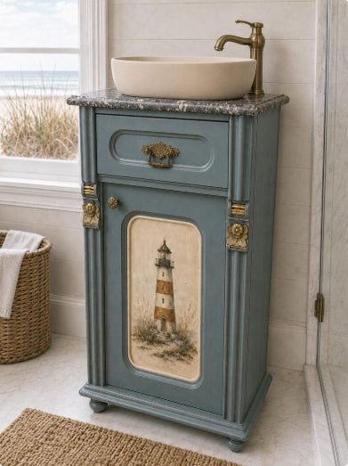 Maritimer Vintage-Waschtisch mit Leuchtturmmotiv | Upcycling Badmöbel | Küstenlicht