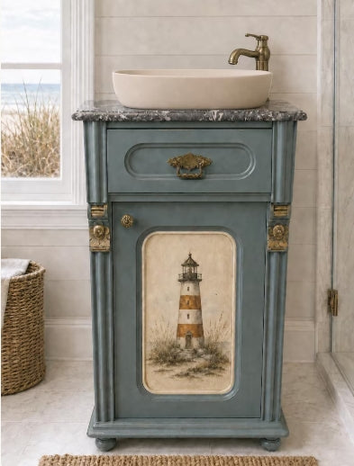 Maritimer Vintage-Waschtisch mit Leuchtturmmotiv | Upcycling Badmöbel | Küstenlicht