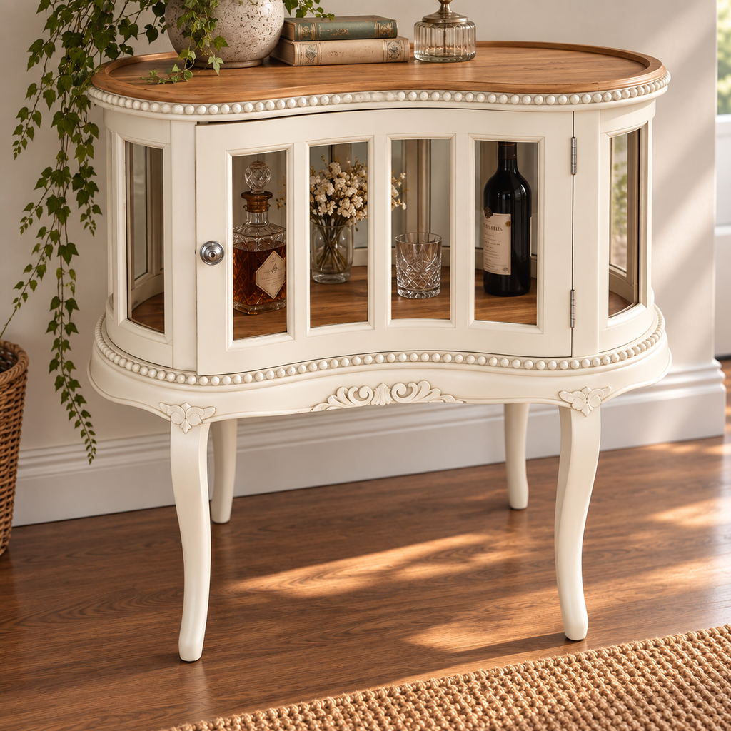 Vintage Barschrank mit Licht in Creme & Naturholz – Vitrinenschrank „Josette“
