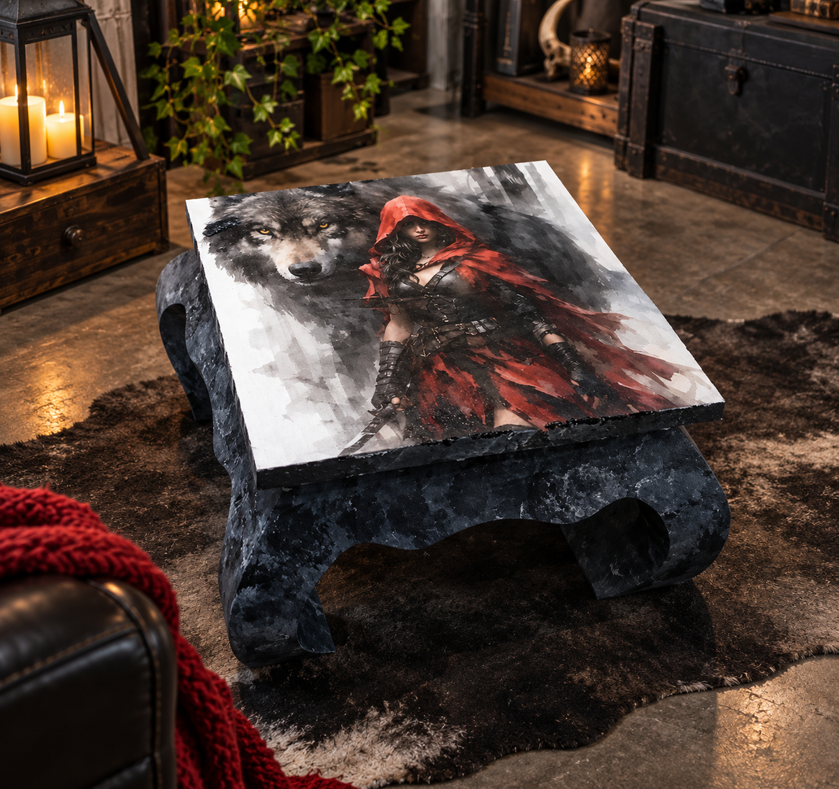 Couchtisch „Rowena“ – Upcycling Beistelltisch mit Wolf & Rotkäppchen | Unikat