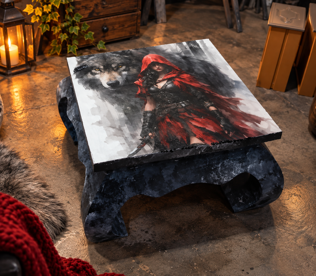 Couchtisch „Rowena“ – Upcycling Beistelltisch mit Wolf & Rotkäppchen | Unikat
