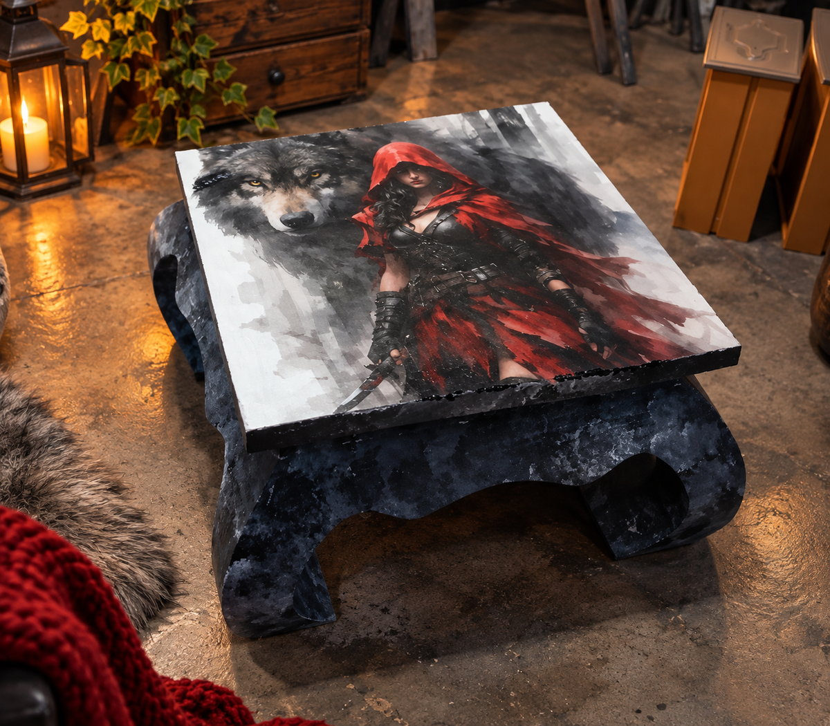 Couchtisch „Rowena“ – Upcycling Beistelltisch mit Wolf & Rotkäppchen | Unikat