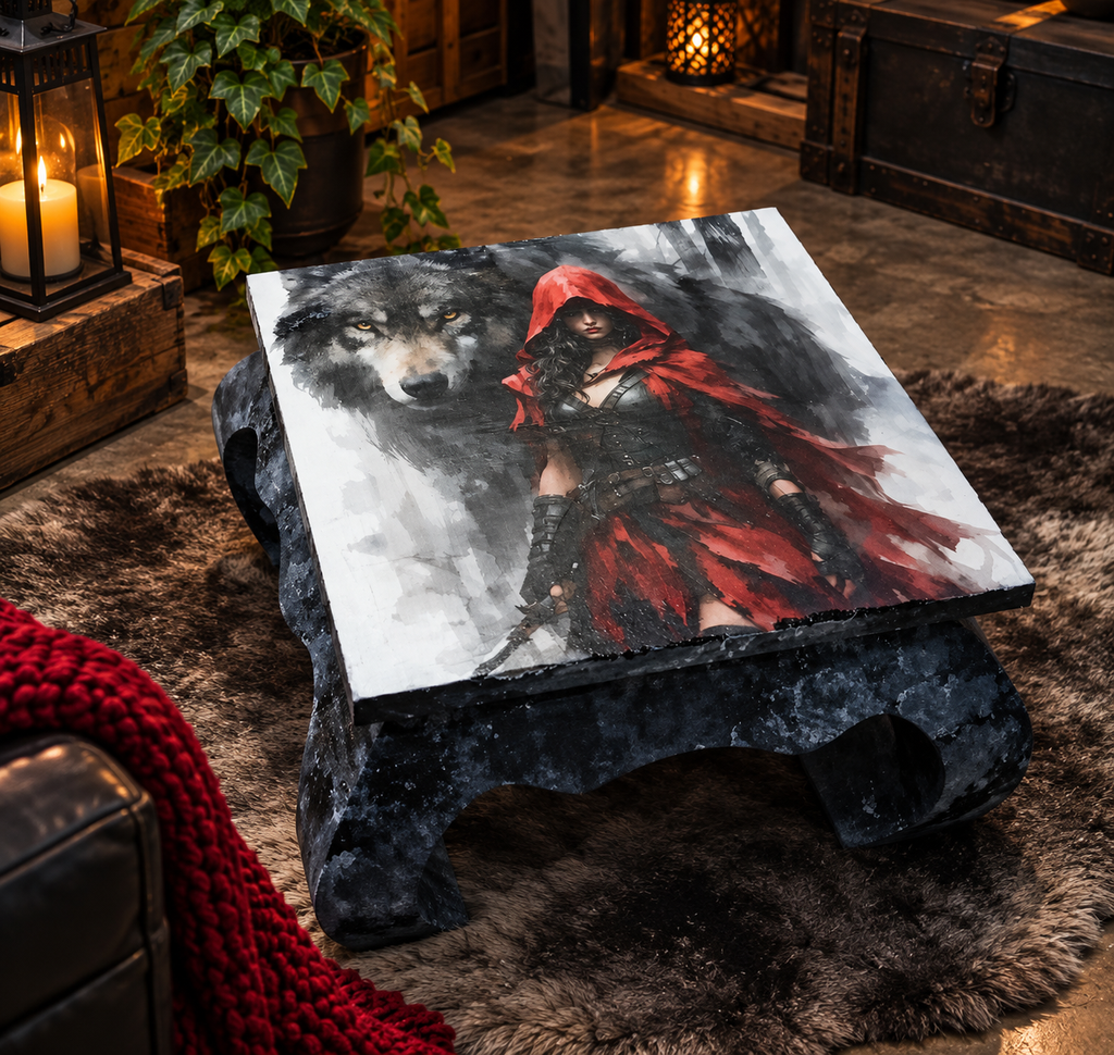 Couchtisch „Rowena“ – Upcycling Beistelltisch mit Wolf & Rotkäppchen | Unikat