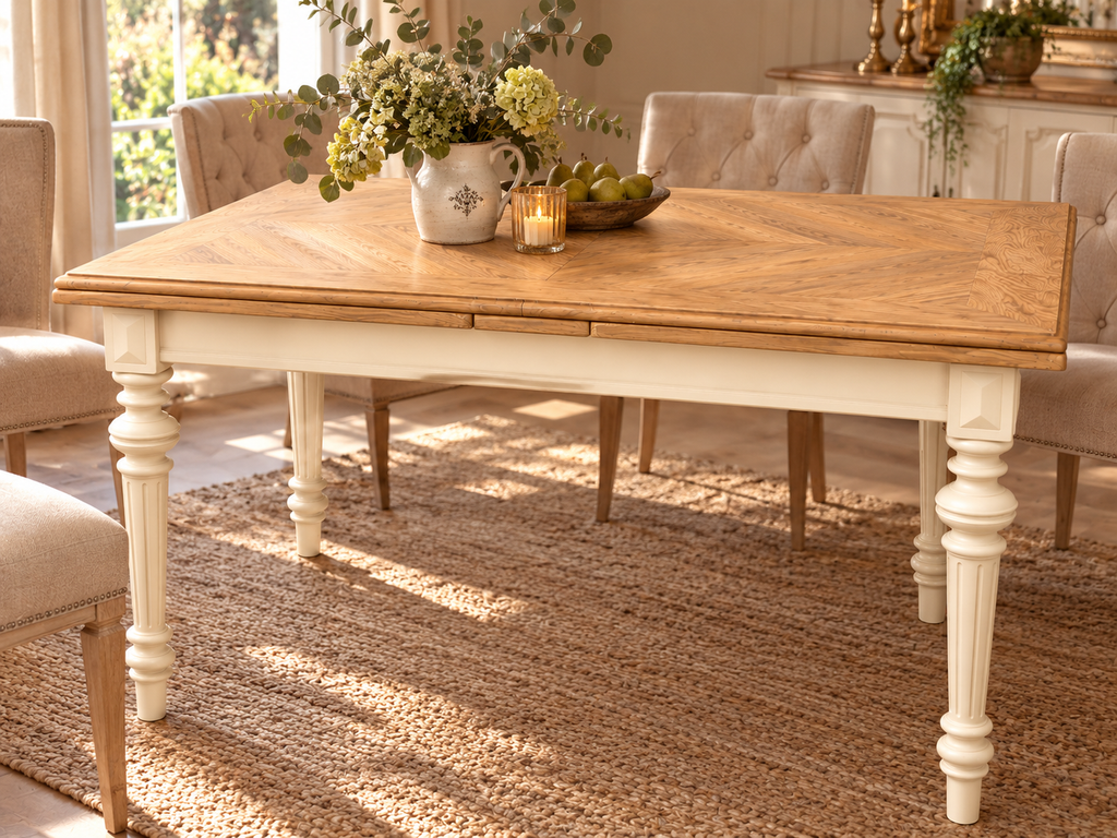 Ausziehbarer Esstisch „Laurent“ – Creme & Naturholz – 115–215 cm