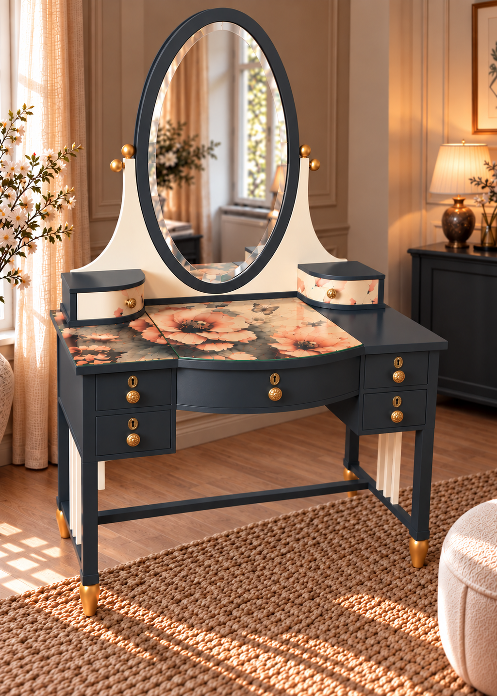 Schminktisch mit Spiegel „Vivienne“ – Vintage Frisiertisch Anthrazit & Creme