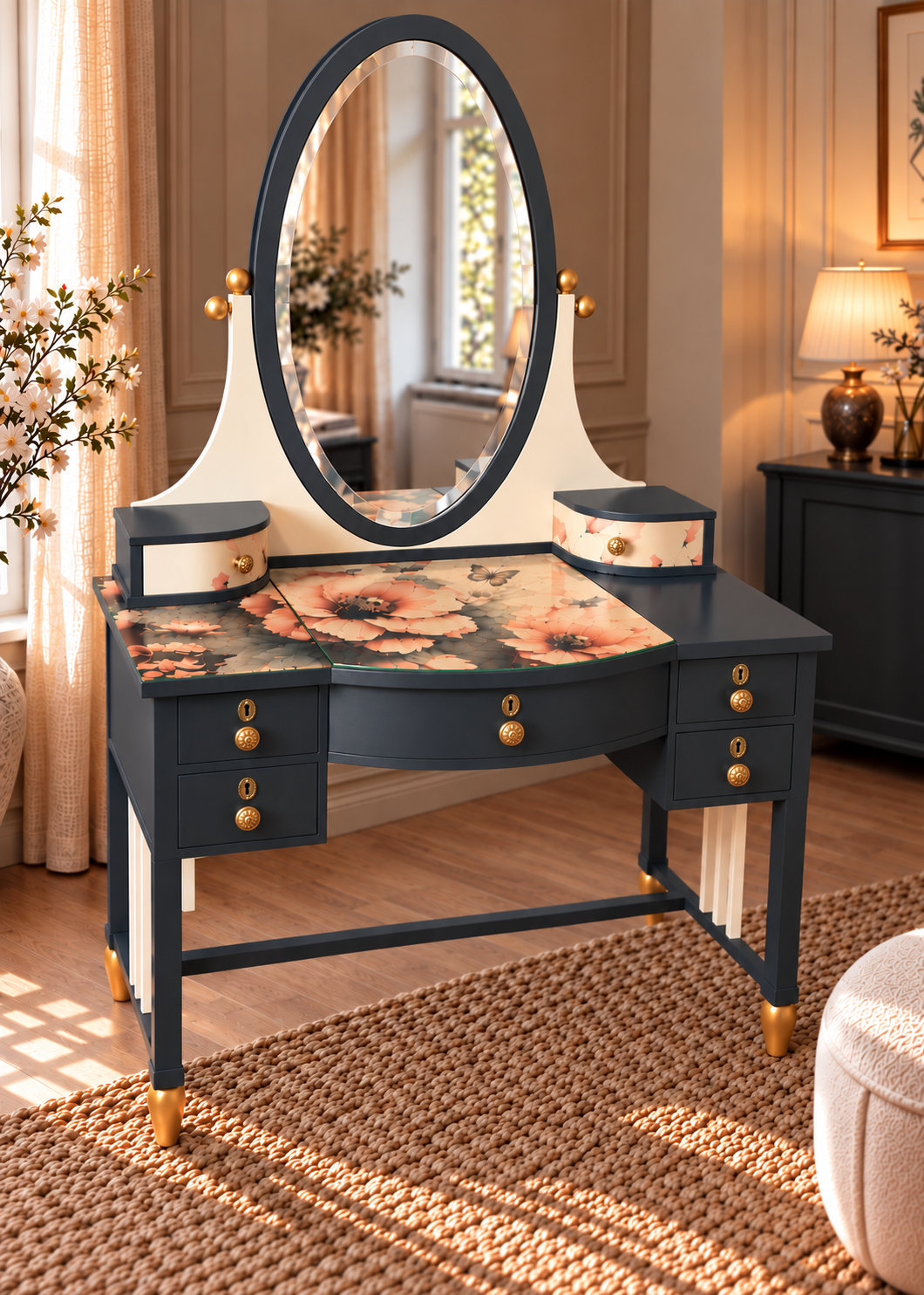 Schminktisch mit Spiegel „Vivienne“ – Vintage Frisiertisch Anthrazit & Creme