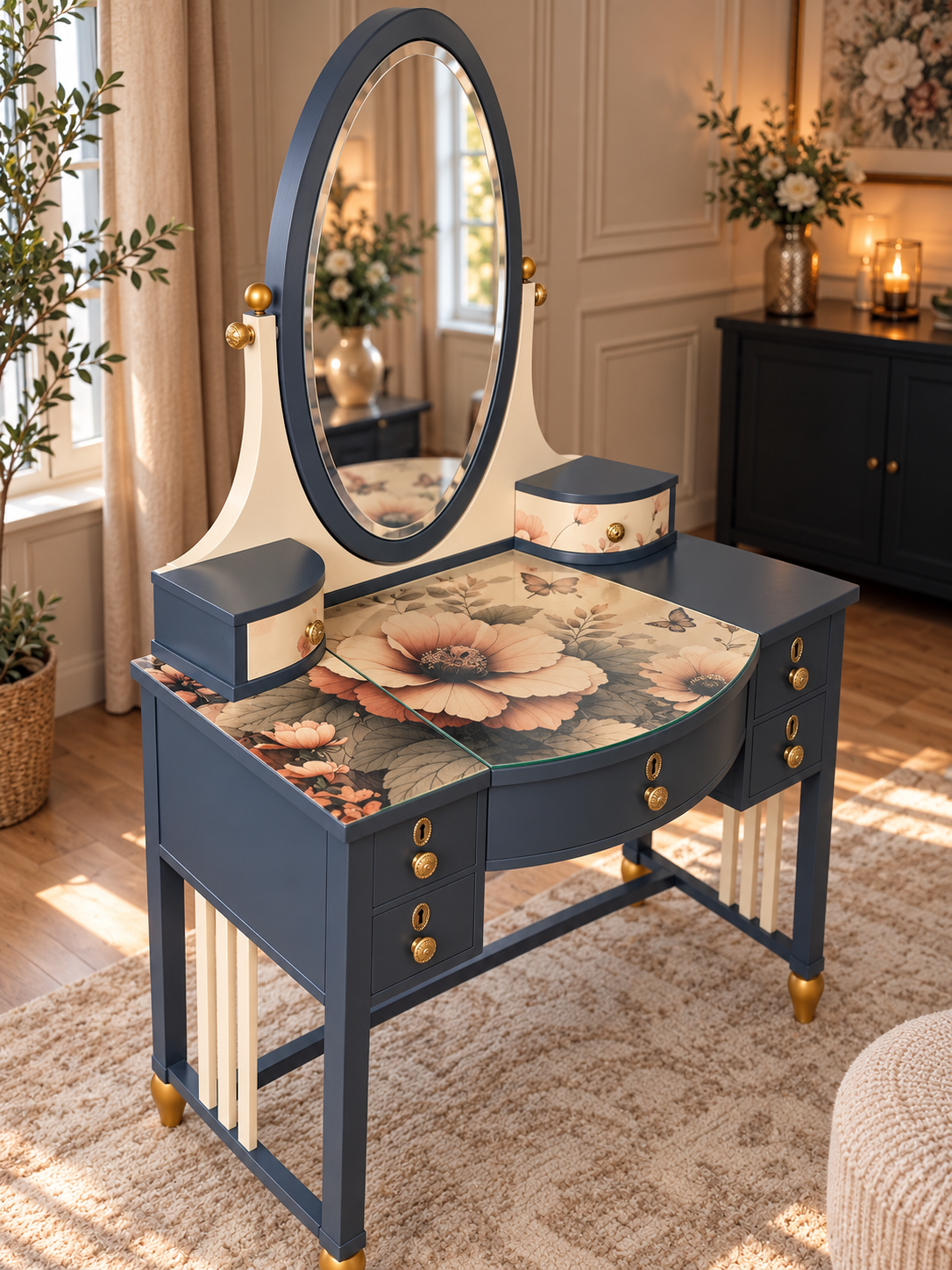 Schminktisch mit Spiegel „Vivienne“ – Vintage Frisiertisch Anthrazit & Creme