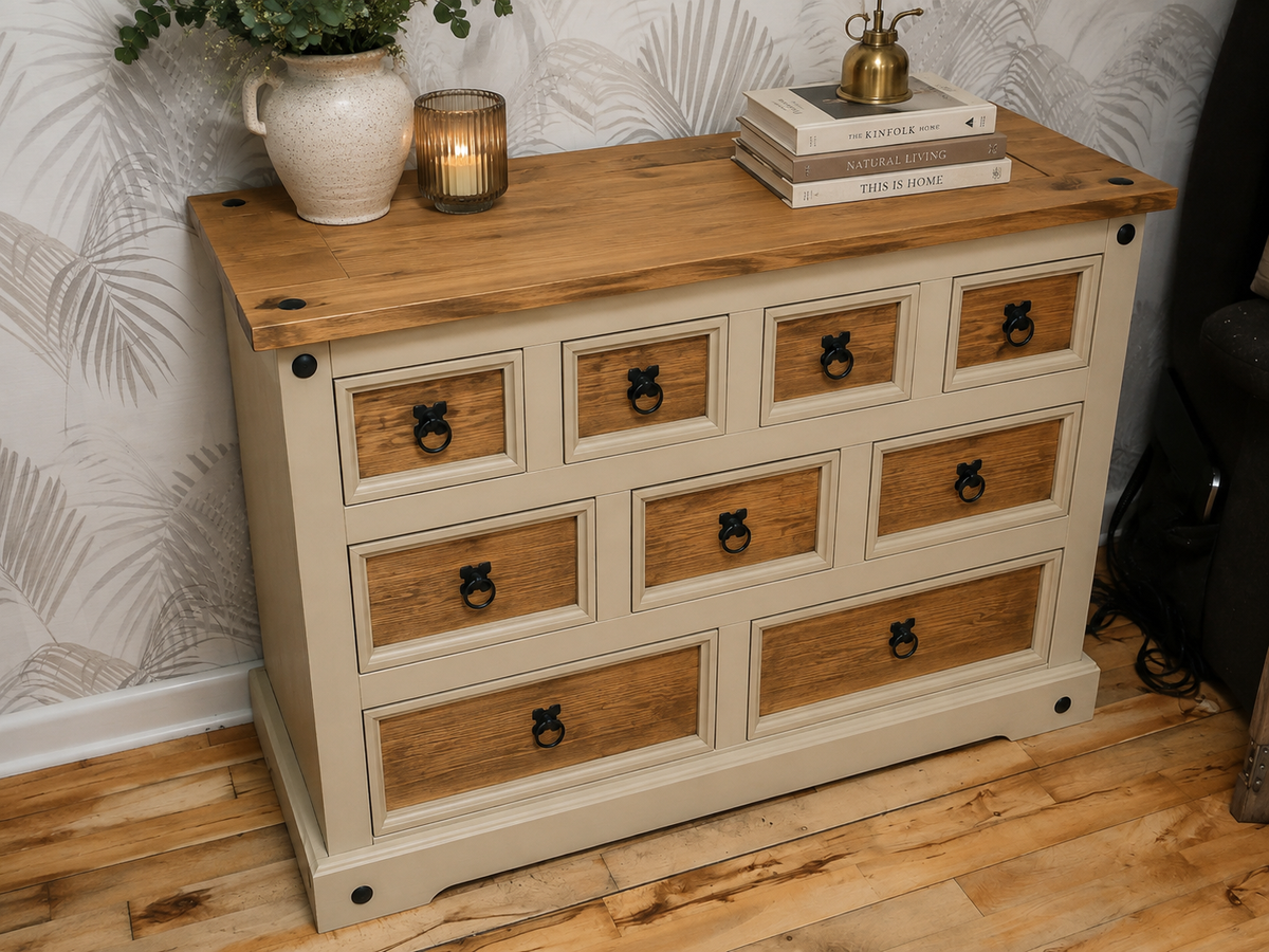 Vintage Kommode mit 9 Schubladen aus Holz – Landhaus Schubladenkommode Elva
