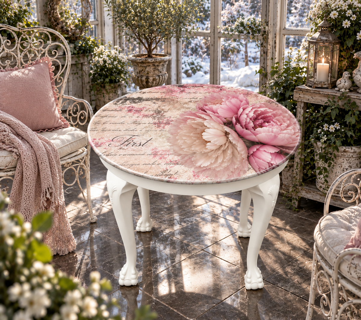 Runder Vintage Tisch mit Pfingstrosen – romantischer Esstisch „Fleur“