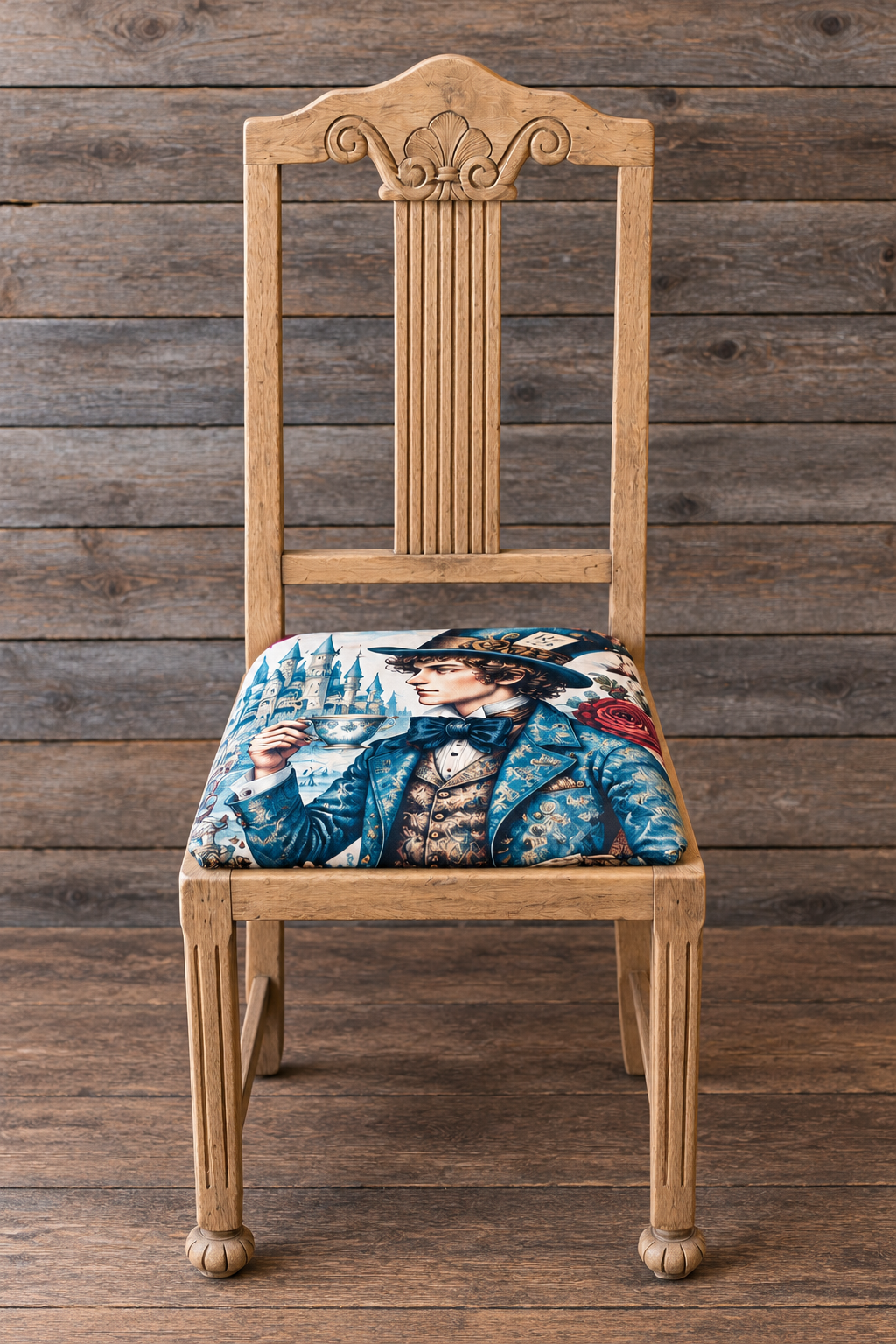 Vintage Polsterstuhl „Maddox“ – Naturholz mit außergewöhnlichem Motiv