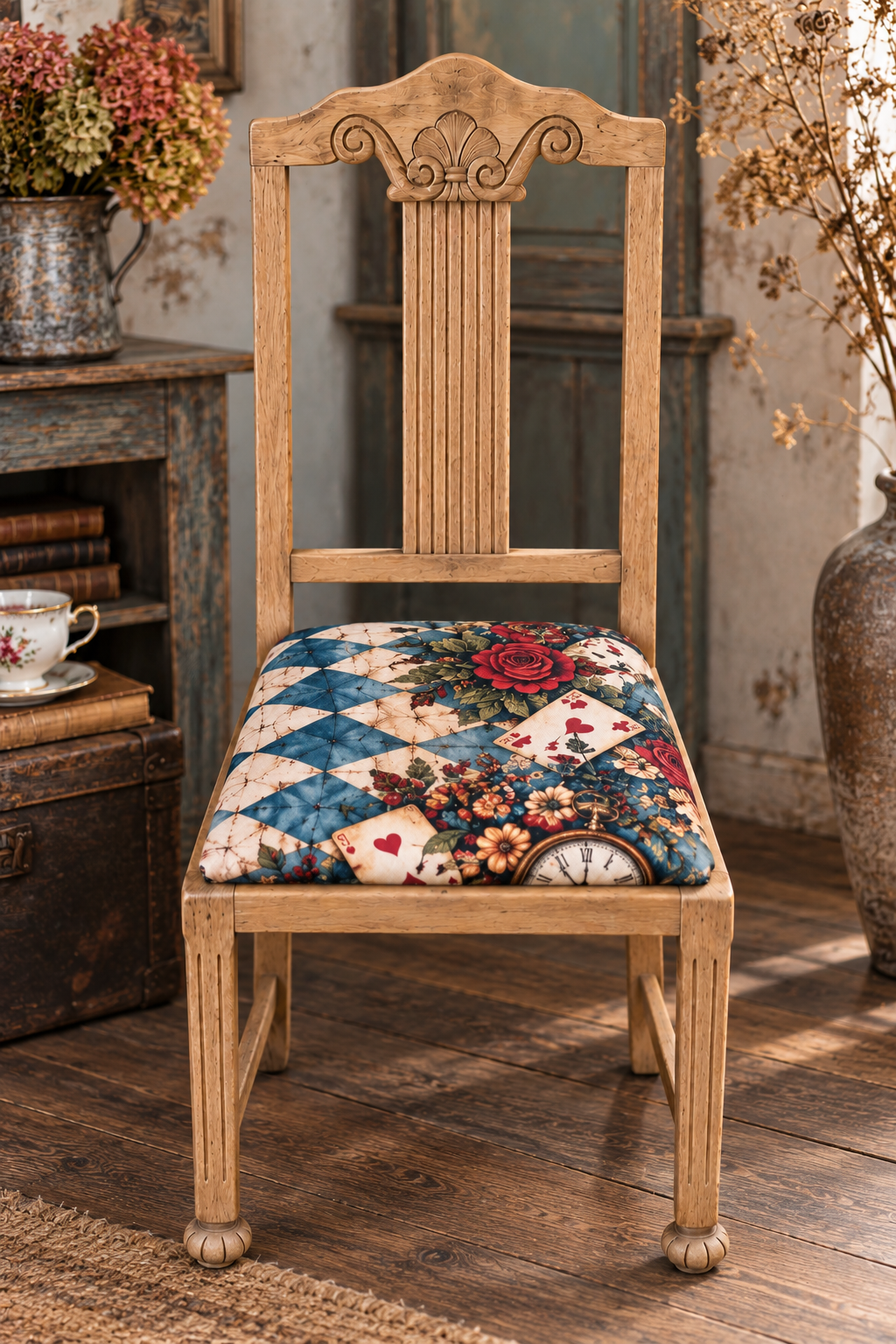 Vintage Polsterstuhl „Rosalie“ – Naturholz mit Spielkarten & Rosen