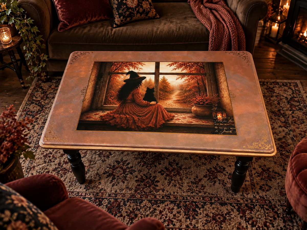 Vintage Couchtisch mit mystischem Motiv – Hazel | Einzelstück