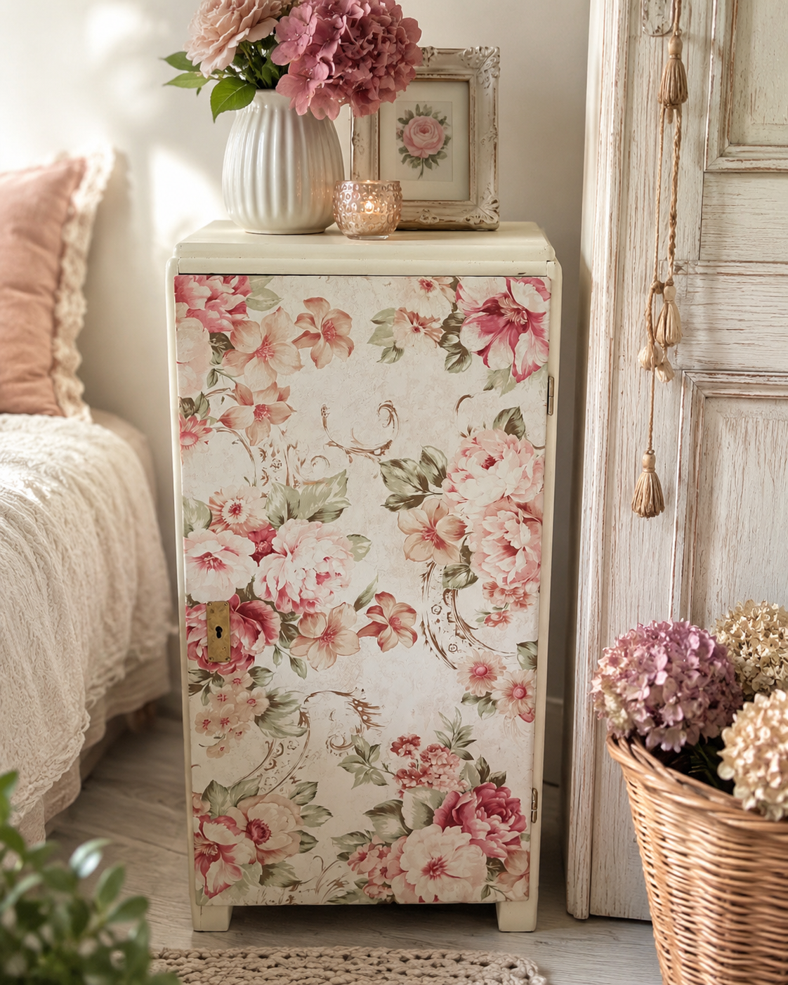 Schmaler Vintage Schrank mit Blumenmuster – Nachtschrank im Landhausstil | Irina