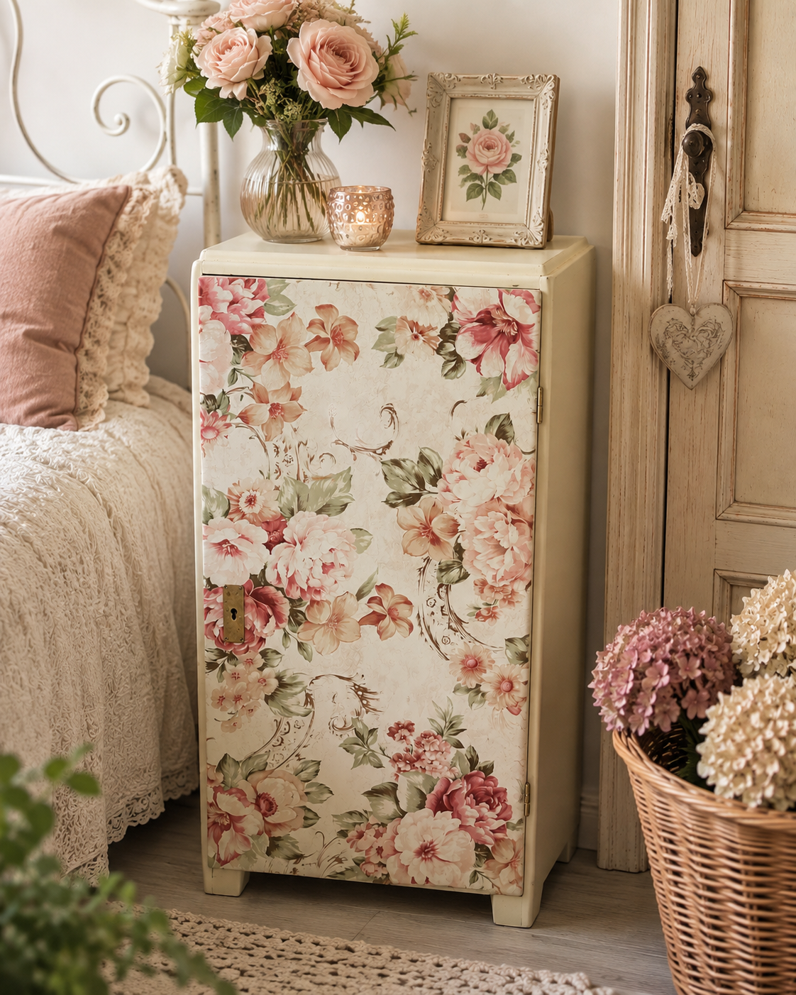 Schmaler Vintage Schrank mit Blumenmuster – Nachtschrank im Landhausstil | Irina
