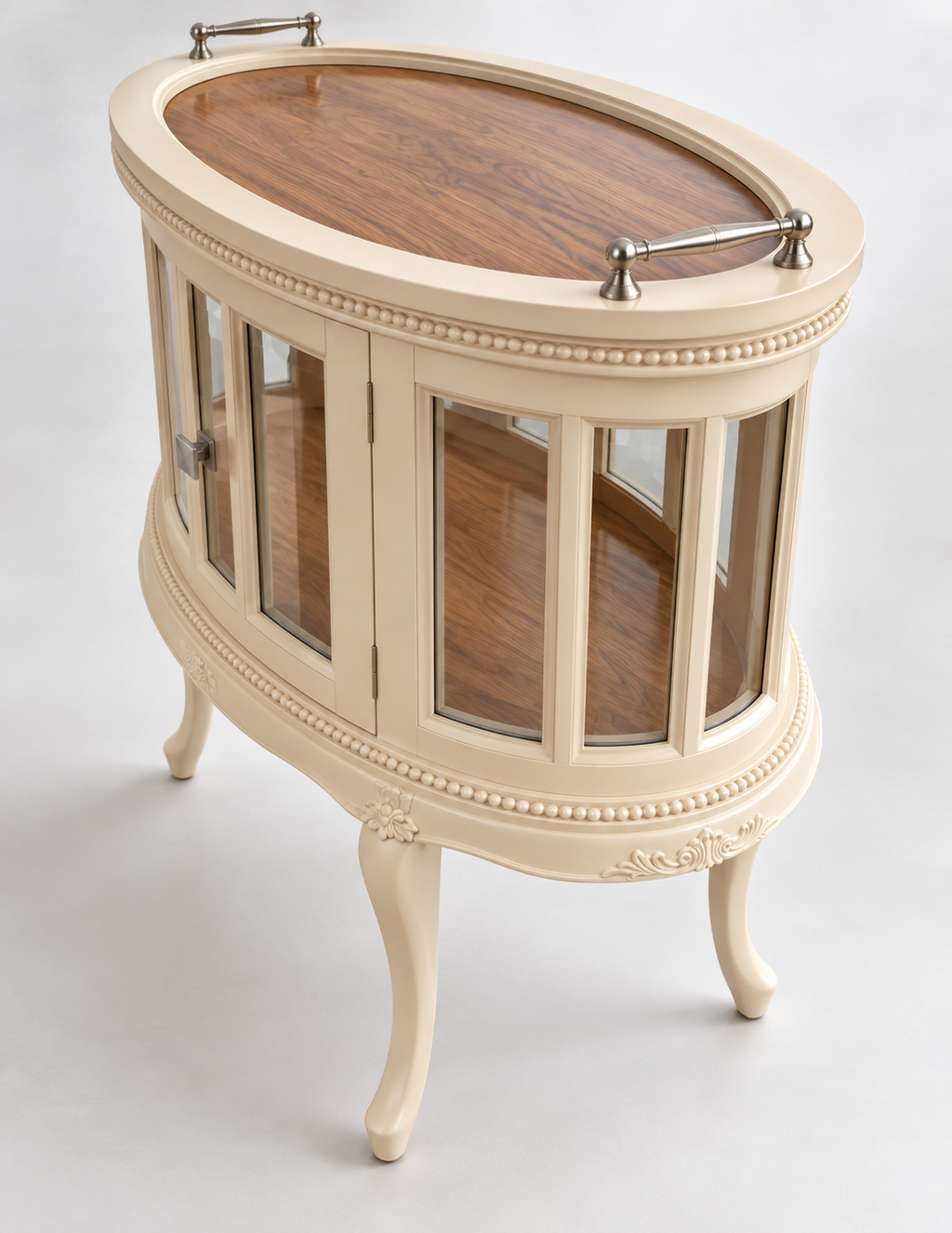 Vintage Teeschrank mit Licht in Creme & Naturholz – Vitrinenschrank „Madeleine“