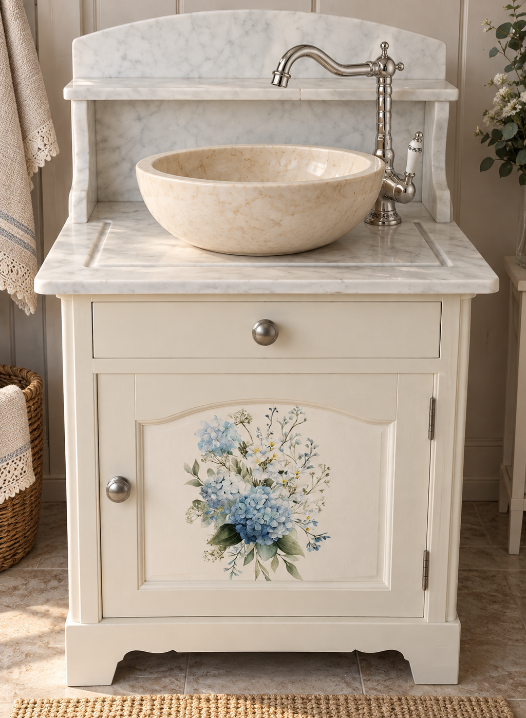 Vintage Waschtisch „Blümchen“ mit Marmor & Aufsatzwaschbecken – Unikat