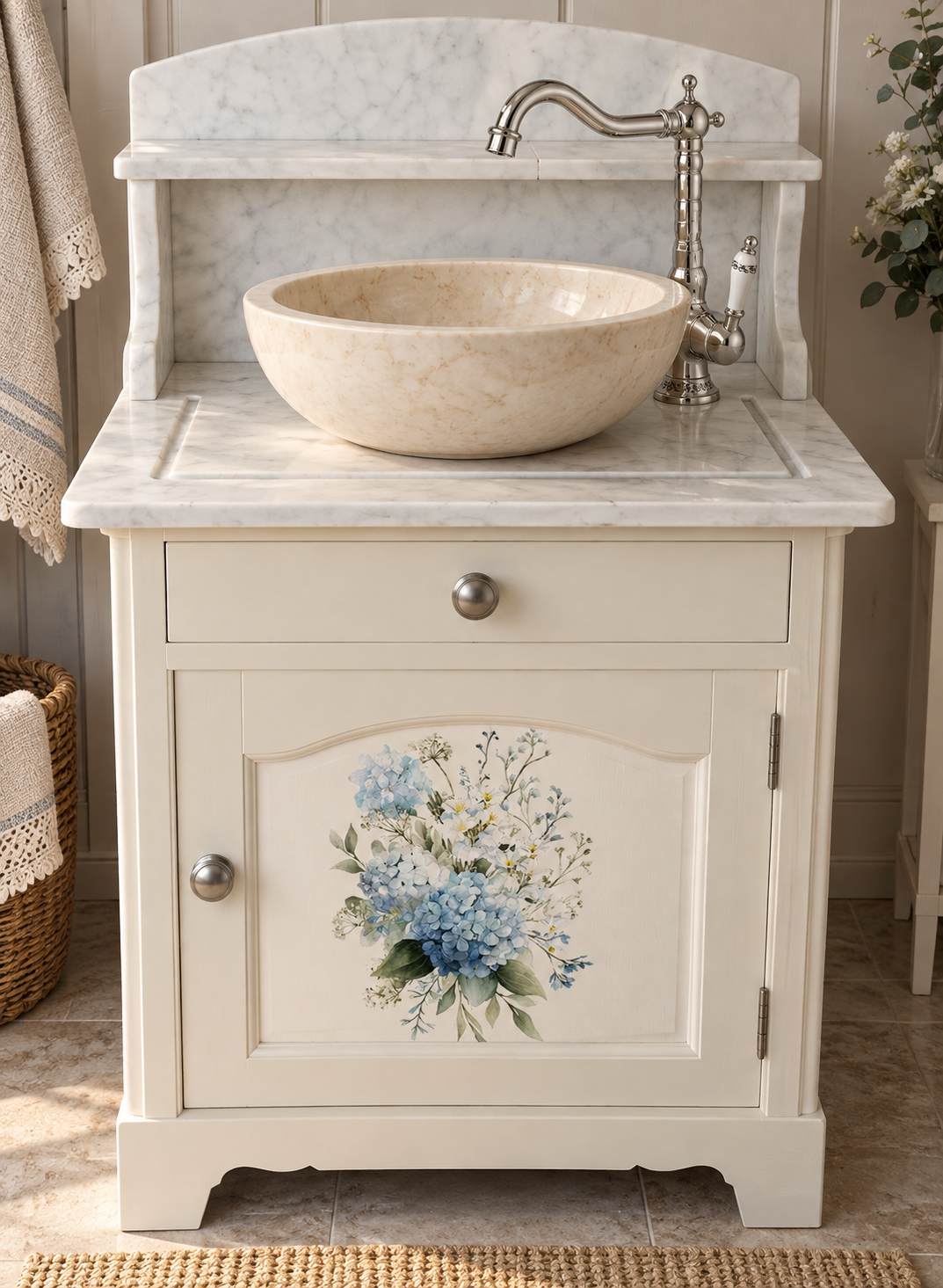 Vintage Waschtisch „Blümchen“ mit Marmor & Aufsatzwaschbecken – Unikat