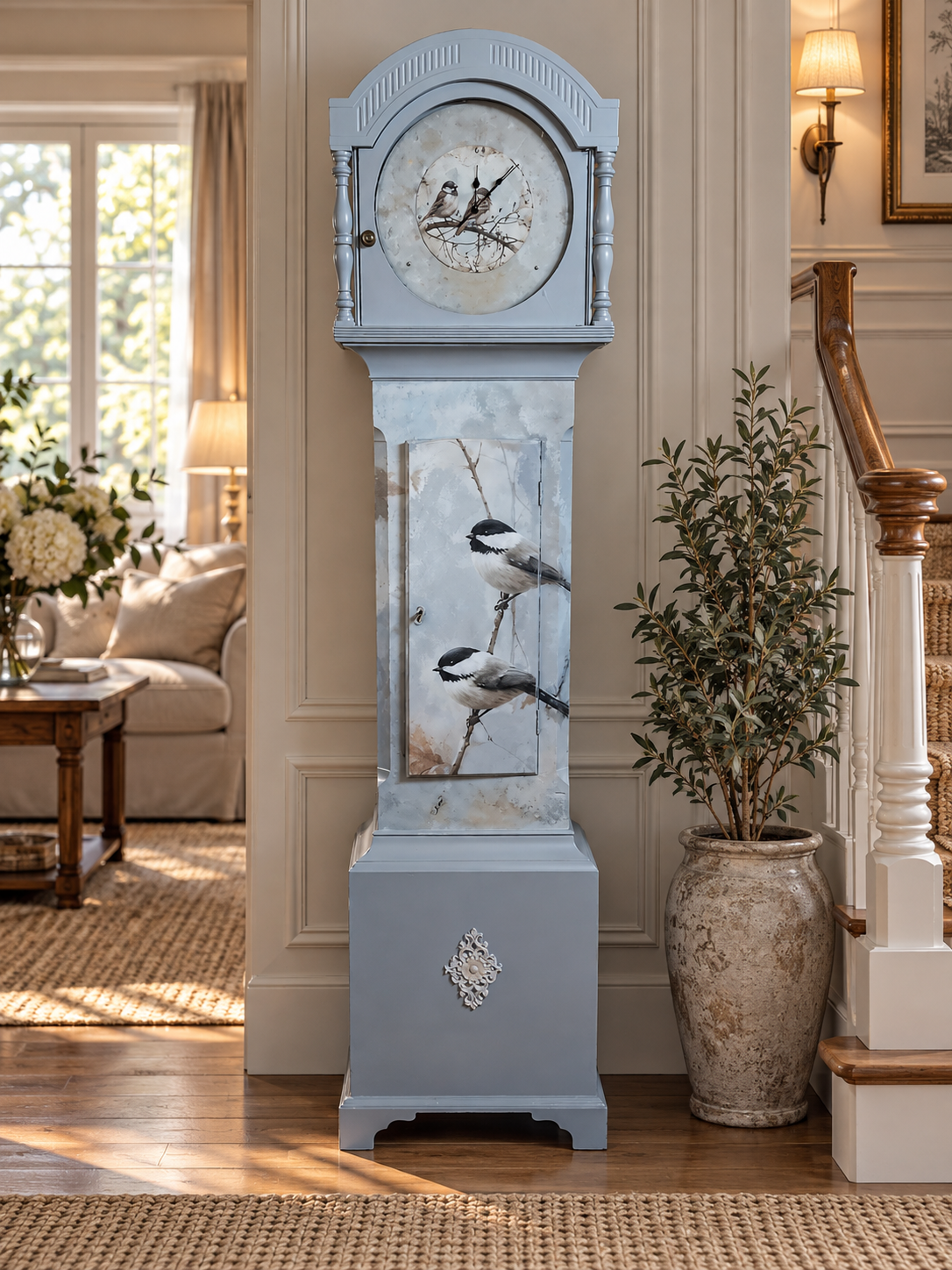 Vintage Standuhr „Elowen“ mit Vogelmotiv – aufgearbeitetes Möbel-Unikat