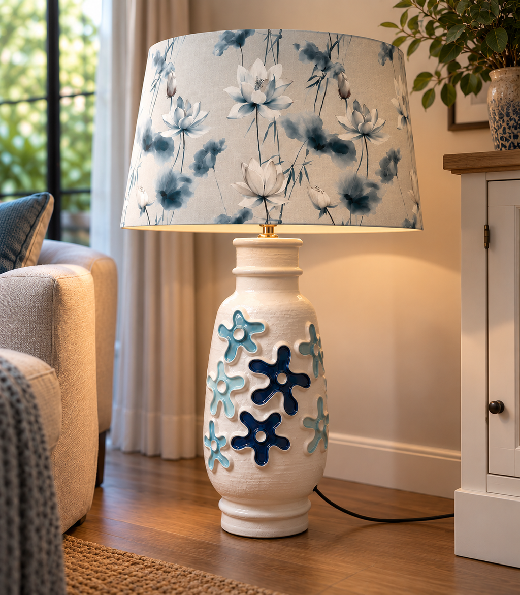 Vintage Keramiklampe mit handgefertigtem Lampenschirm – Blau & Creme – Unikat