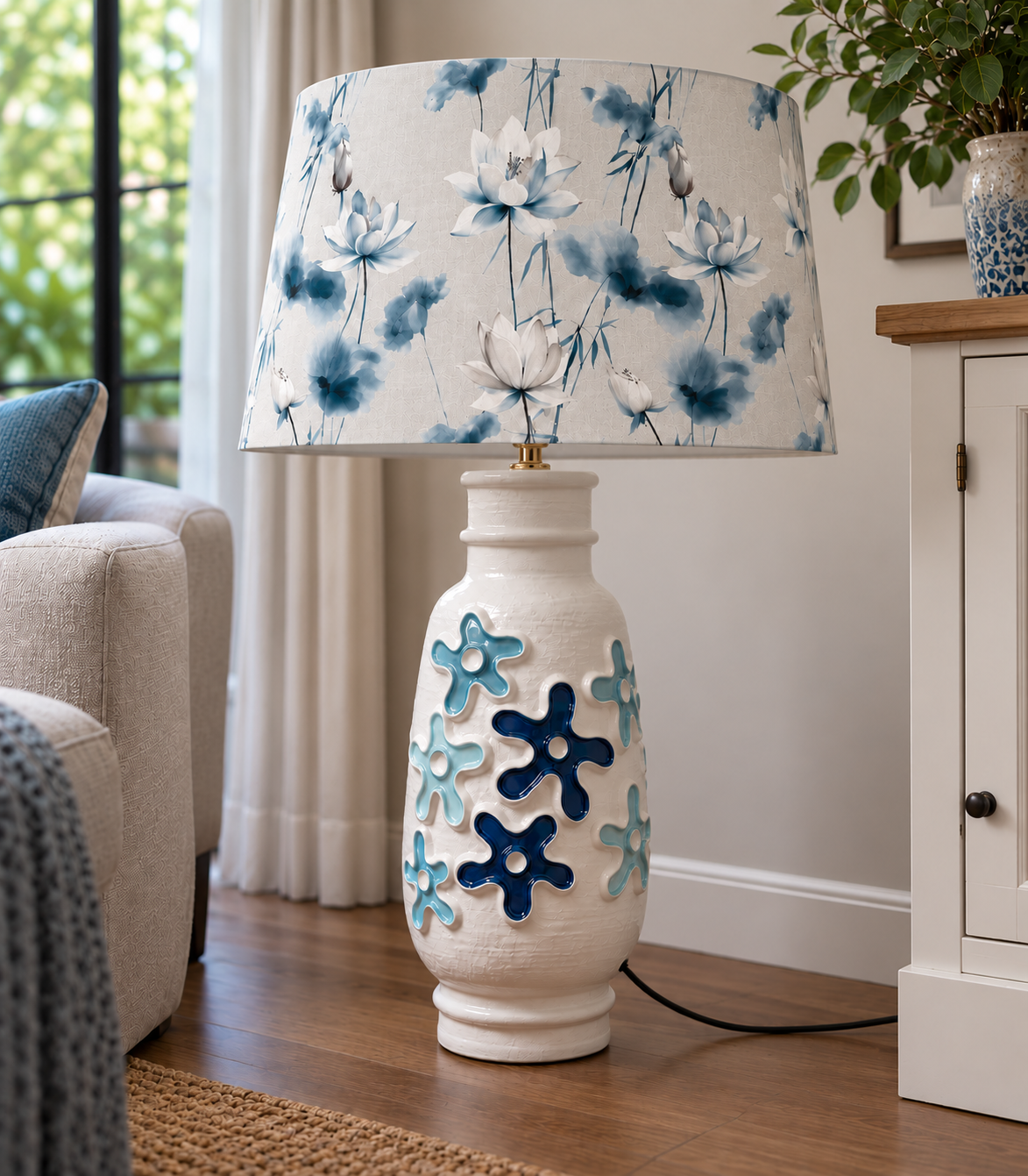 Vintage Keramiklampe mit handgefertigtem Lampenschirm – Blau & Creme – Unikat