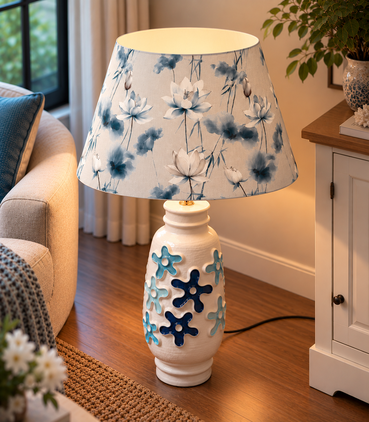 Vintage Keramiklampe mit handgefertigtem Lampenschirm – Blau & Creme – Unikat