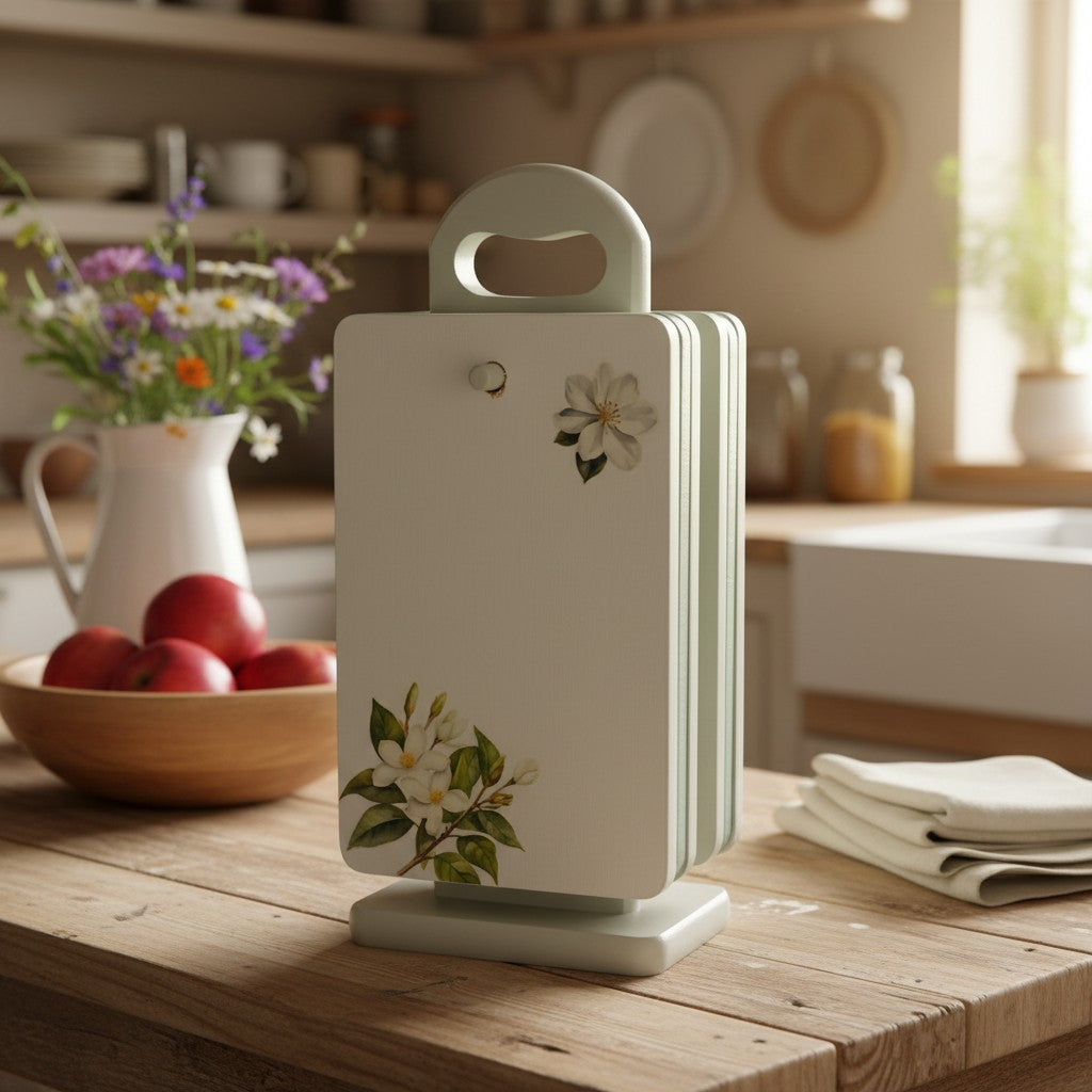 Vintage Holzbrettchen 6er-Set mit Ständer – Blumen Cottagecore
