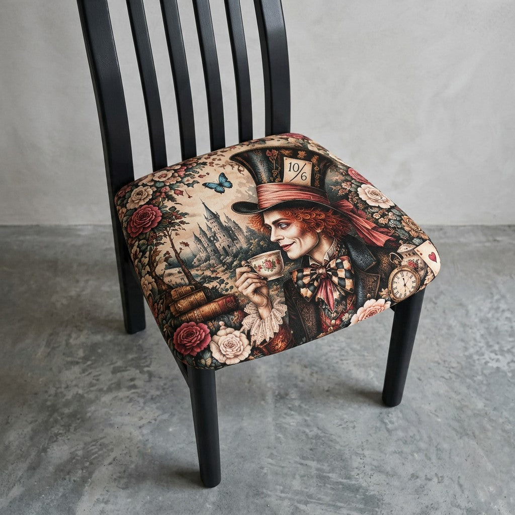 Vintage Stuhl mit Motivpolster in Schwarz – Mann mit Hut