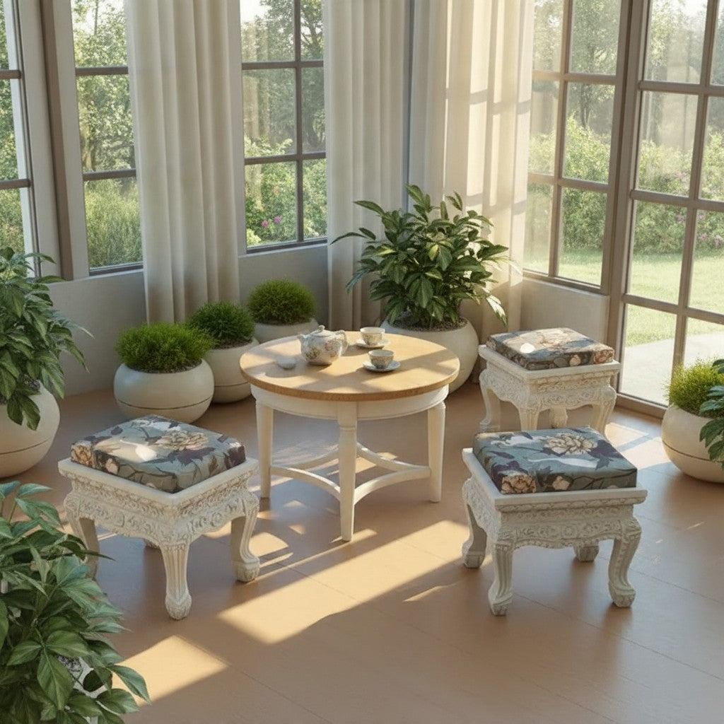 Vintage Polsterhocker in Mintgrün – floraler Sitzhocker im Asia-Stil – Tick, Trick & Track