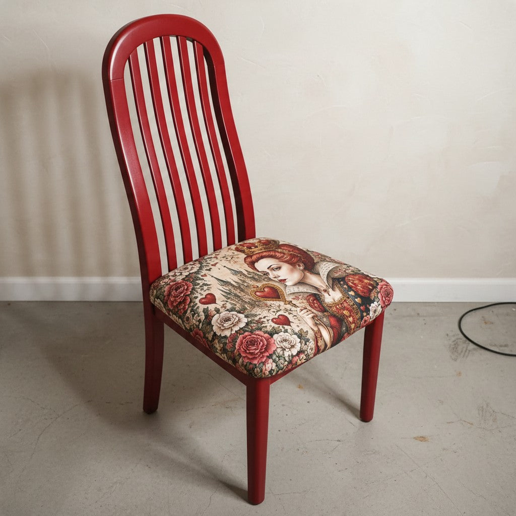 Vintage Stuhl mit Motivpolster in Rot – Rote Königin