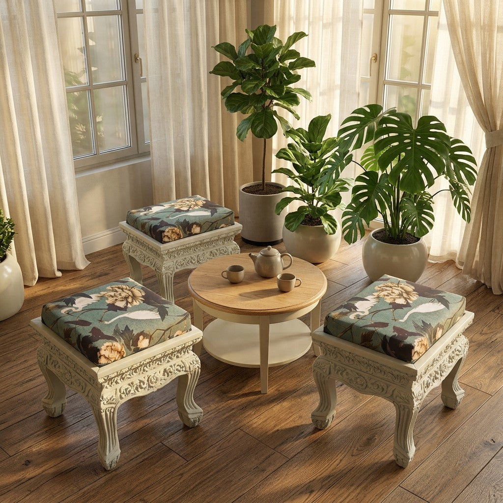 Vintage Polsterhocker in Mintgrün – floraler Sitzhocker im Asia-Stil – Tick, Trick & Track