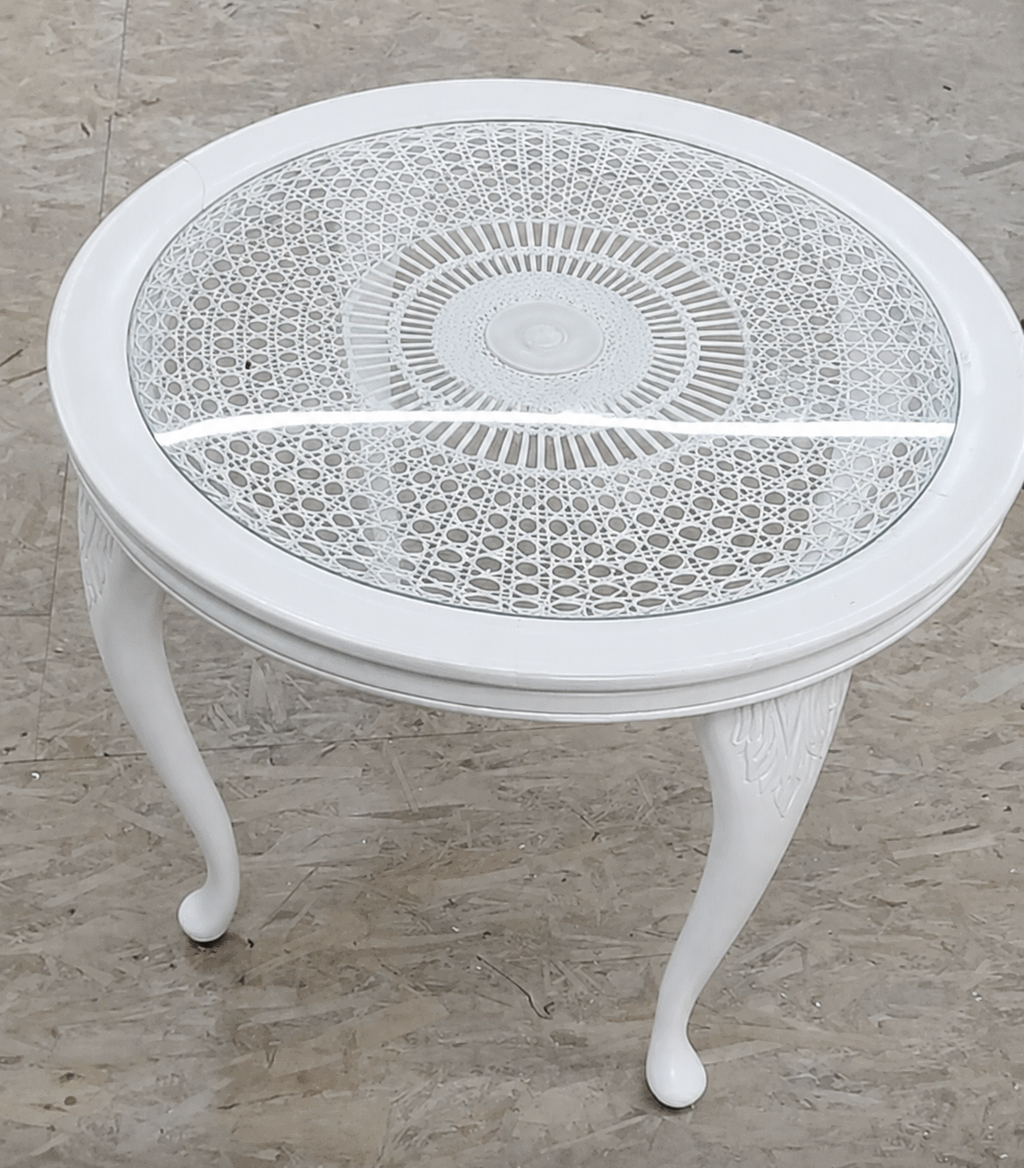 Runder Vintage Beistelltisch mit Glasplatte – Weiß – Claire