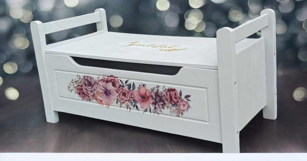 Vintage Truhenbank mit Stauraum – Sitzbank Grau mit Blumenmotiv – kleine Landhaus Bank Joy