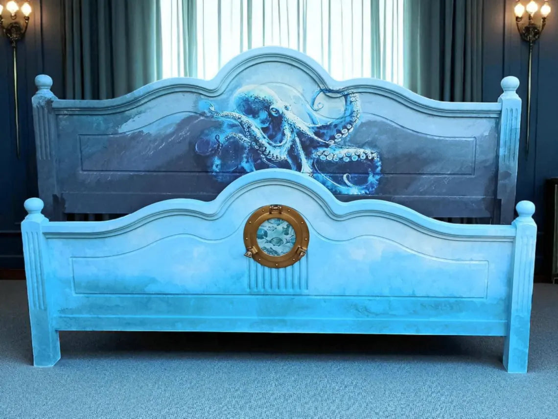Maritimes Vintage Doppelbett 180×200 cm mit Echtglas-Luke | Aufgearbeitetes Holzbett | Calypso
