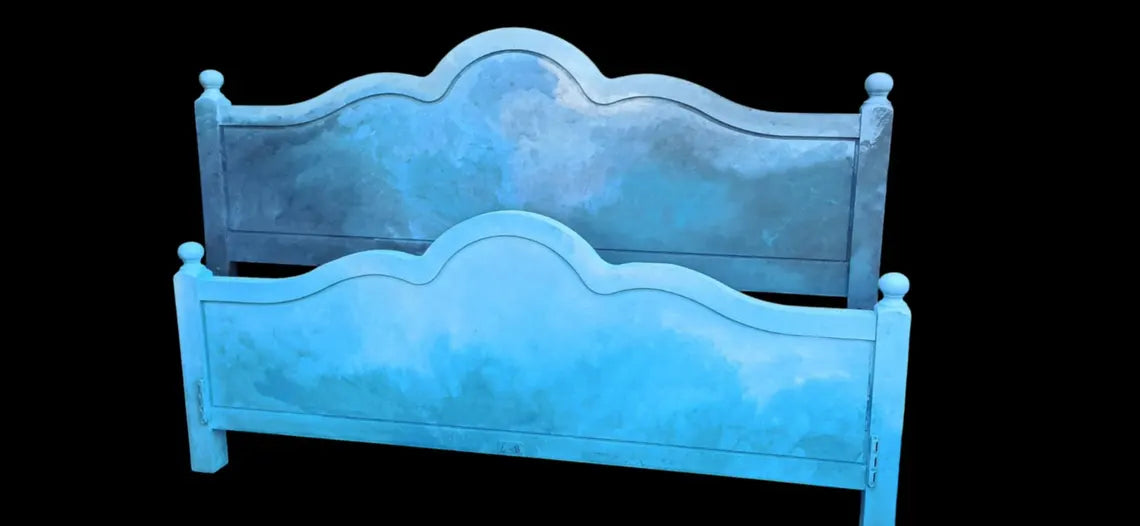 Maritimes Vintage Doppelbett 180×200 cm mit Echtglas-Luke | Aufgearbeitetes Holzbett | Calypso