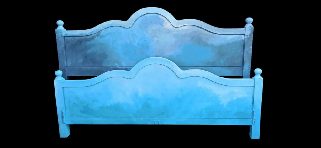 Maritimes Vintage Doppelbett 180×200 cm mit Echtglas-Luke | Aufgearbeitetes Holzbett | Calypso