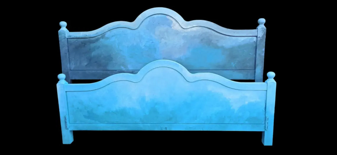 Maritimes Vintage Doppelbett 180×200 cm mit Echtglas-Luke | Aufgearbeitetes Holzbett | Calypso