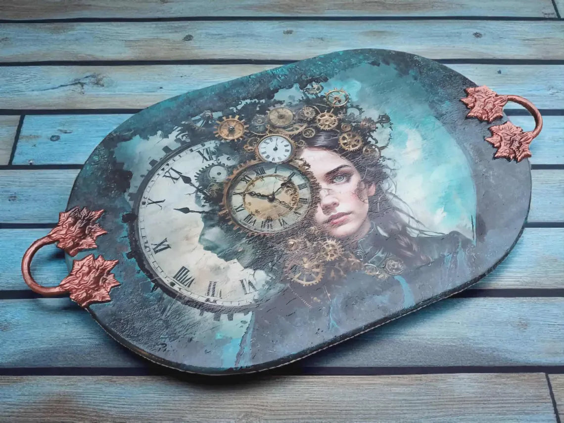 Vintage Tablett mit Steampunk-Motiv | Großes Holztablett mit Epoxidharz | Aurelia