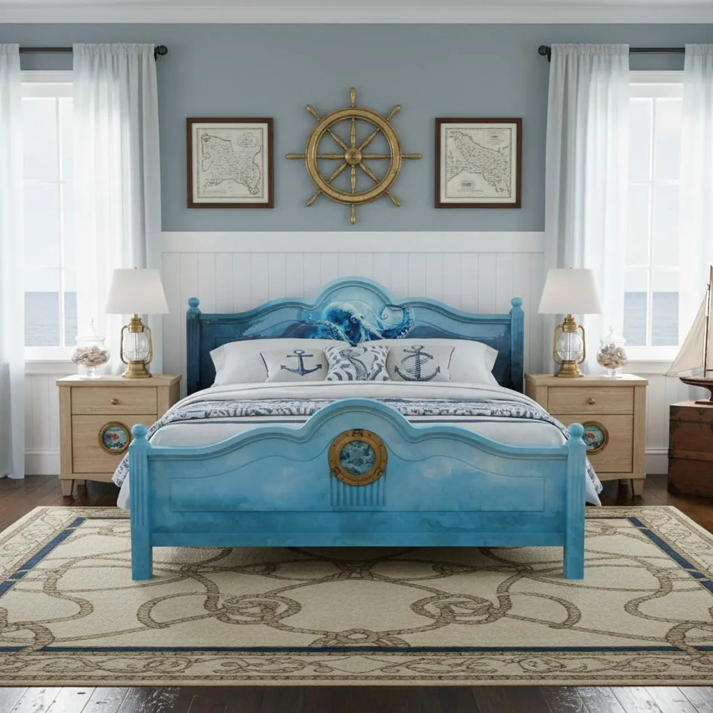 Maritimes Vintage Doppelbett 180×200 cm mit Echtglas-Luke | Aufgearbeitetes Holzbett | Calypso