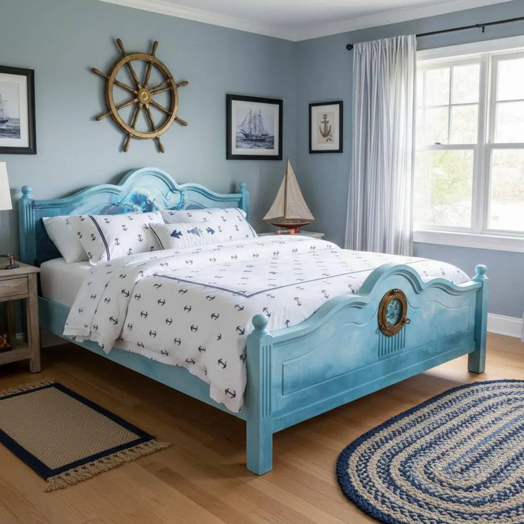 Maritimes Vintage Doppelbett 180×200 cm mit Echtglas-Luke | Aufgearbeitetes Holzbett | Calypso