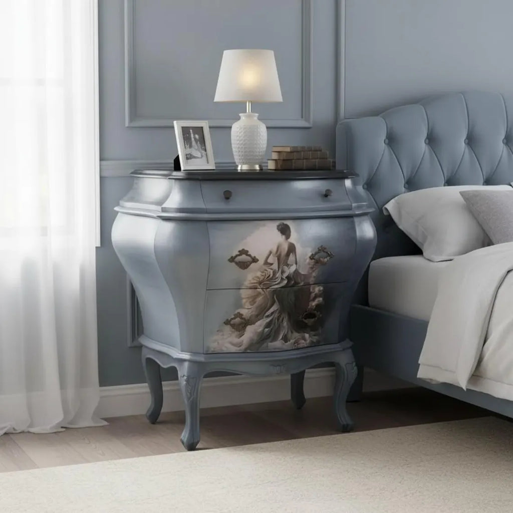Barock Vintage Kommode mit Motiv – geschwungene Flurkommode in Grau – Angelique