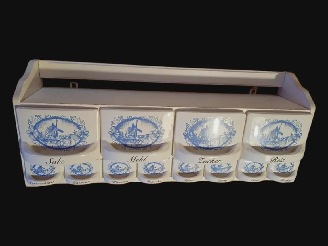 Vintage Schüttenregal mit Keramikschütten – Birko Koschierzyna blau weiß