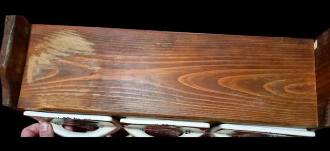 Vintage Schüttenregal aus Holz mit Keramikschütten – Gewürzregal für die Küche