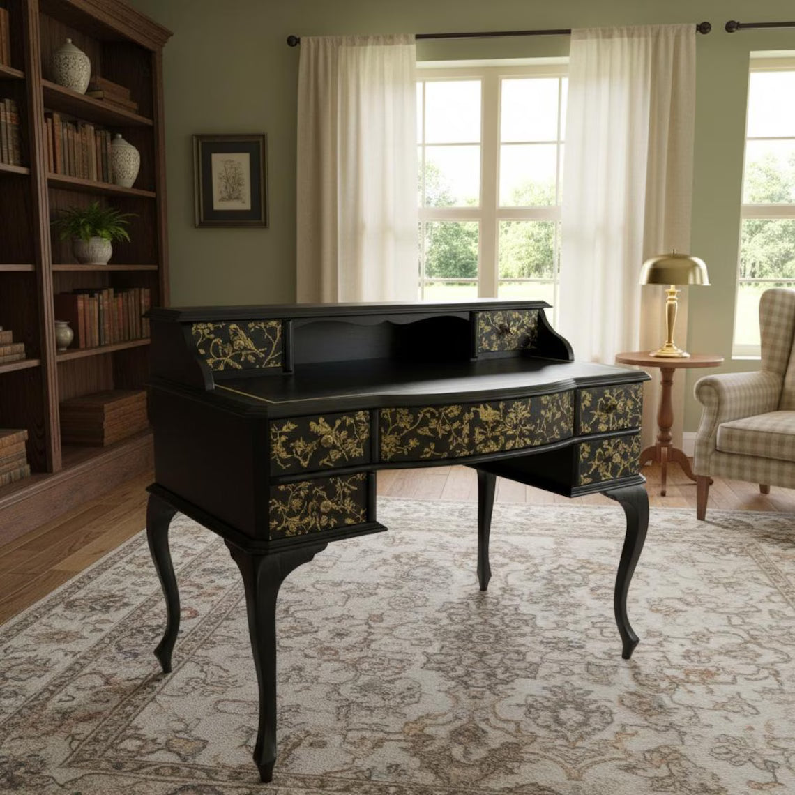 Vintage Schreibtisch mit Aufsatz | Chinoiserie Schreibtisch Schwarz & Gold | 7 Schubladen | Isa