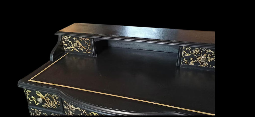 Vintage Schreibtisch mit Aufsatz | Chinoiserie Schreibtisch Schwarz & Gold | 7 Schubladen | Isa