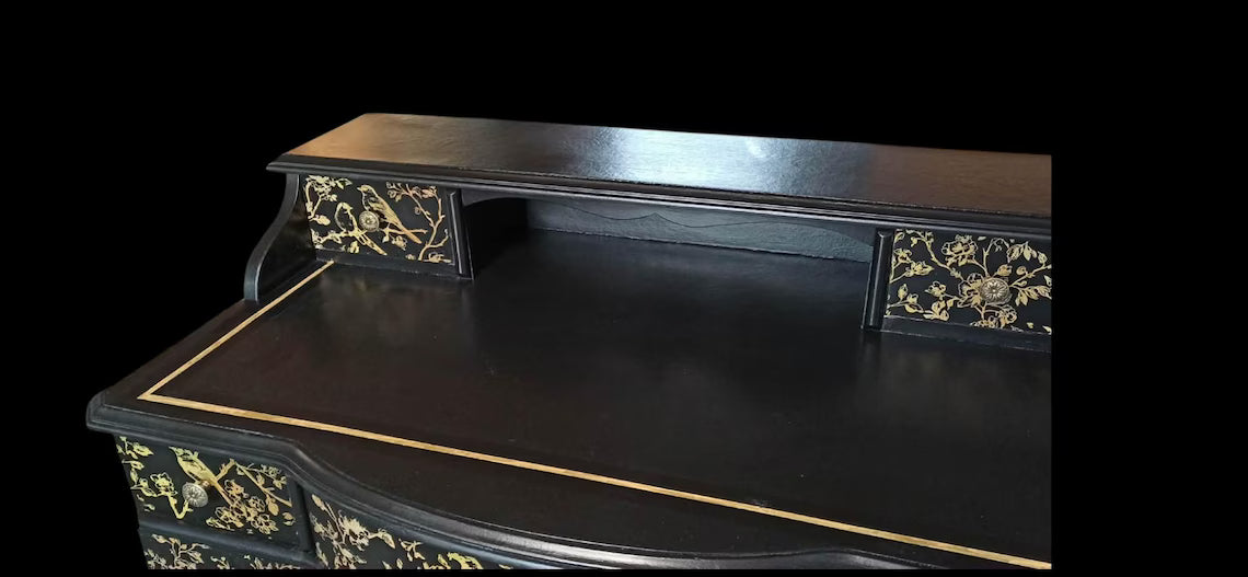 Vintage Schreibtisch mit Aufsatz | Chinoiserie Schreibtisch Schwarz & Gold | 7 Schubladen | Isa