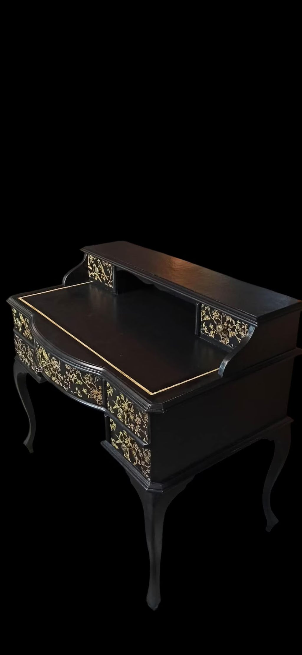 Vintage Schreibtisch mit Aufsatz | Chinoiserie Schreibtisch Schwarz & Gold | 7 Schubladen | Isa