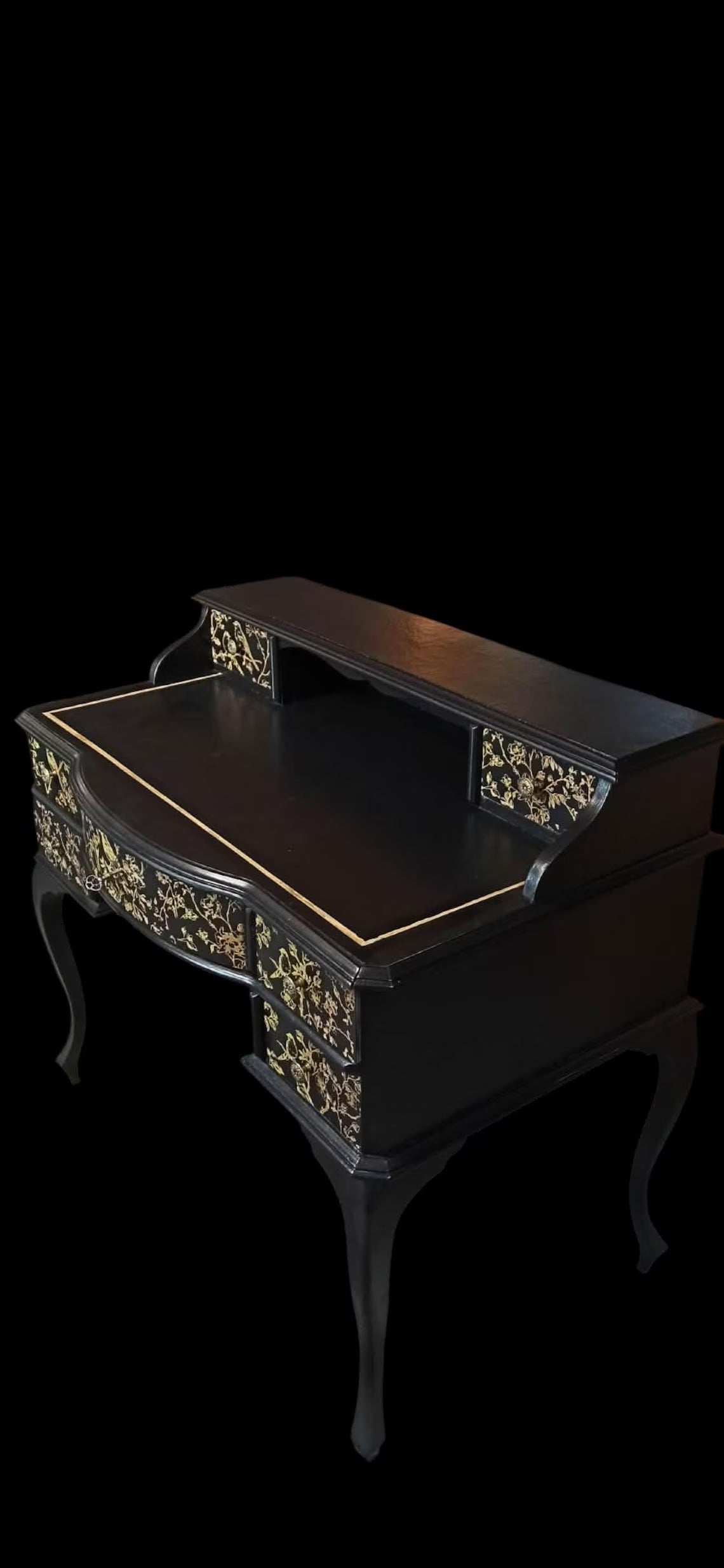 Vintage Schreibtisch mit Aufsatz | Chinoiserie Schreibtisch Schwarz & Gold | 7 Schubladen | Isa