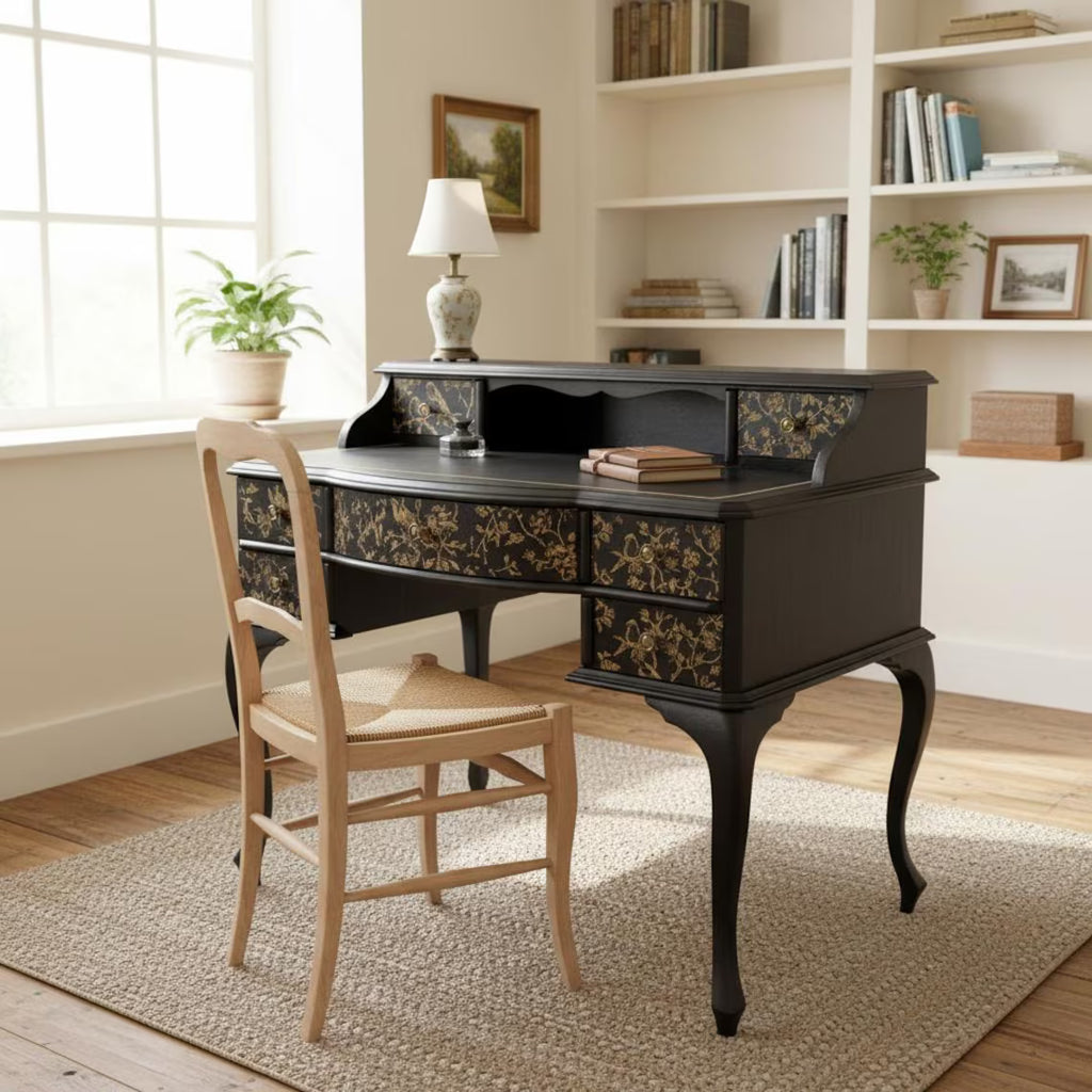 Vintage Schreibtisch mit Aufsatz | Chinoiserie Schreibtisch Schwarz & Gold | 7 Schubladen | Isa